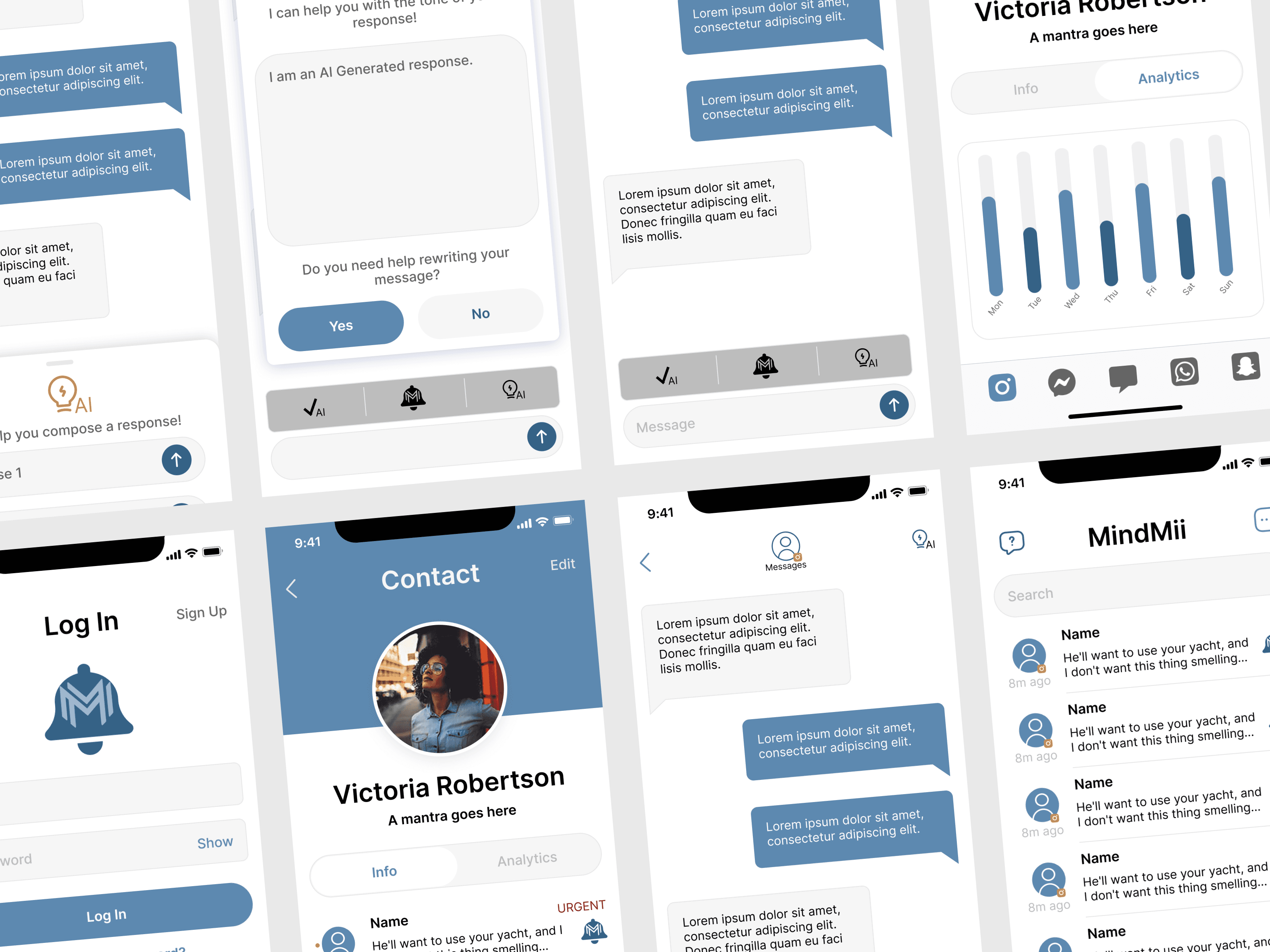 A banner created in figma of mindmii screens on a phone, with 8 pages oriented in a eight by two grid and skewed to the right.