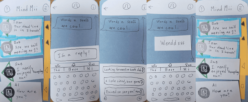 A paper prototype of the phone text messaging app with features to help with our tasks.