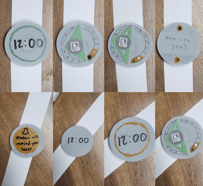 A paper prototype of the watch companion app with features to help with our tasks.